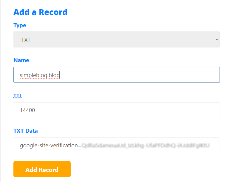 Fill TXT records for site verification