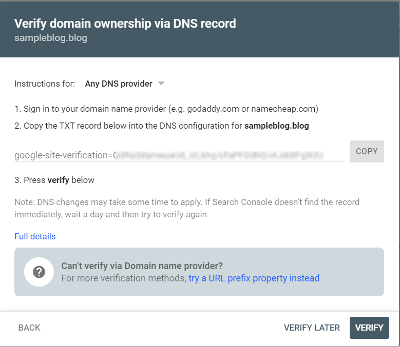 Verify domain ownership DNS