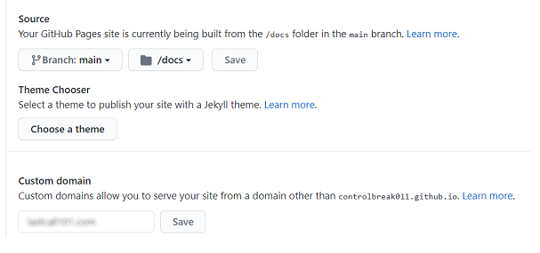 GitHub Pages Settings for Branch and Custom Domain